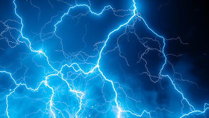 Vivid blue lightning strikes illuminate a dark stormy sky with a powerful electrical discharge creating a dramatic natural phenomenon