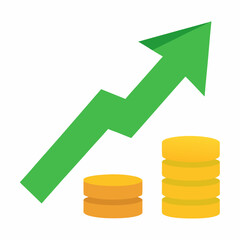 Green arrow showing upward trend over stacks of gold coins