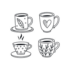 "Minimalist Coffee Mug Doodle Collection – Black and White Vector Illustrations in EPS Format"

