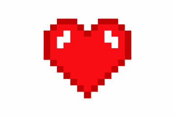 Retro pixel art red heart with white highlights on a white background