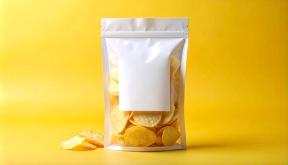 Matte Stand-Up Pouch With Golden Chips Transparent Window And Blank White Label On Yellow Backdrop