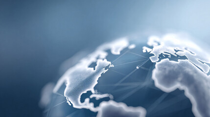 Abstract digital globe with a network connecting continents. Soft blue tones evoke technology, global business,  interconnectedness. Ideal for concepts like data, innovation.