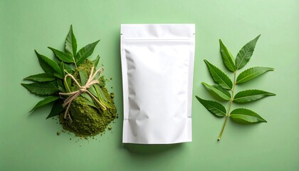 Matte White Pouch Mockup Beside Neem Leaf Powder Bundle On Light Green Background