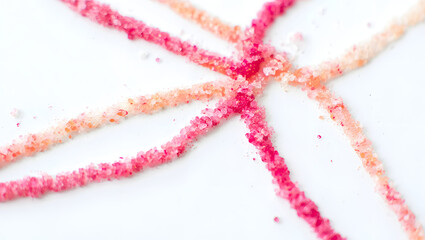 Abstract arrangement of pink and orange colored sugar crystals isolated on white background