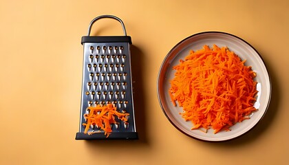 Metal Grater With Shredded Carrots on Plate and Orange Surface Top View