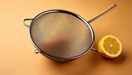 Metal Strainer with Lemon Wedge on Orange Background with Sieve Texture