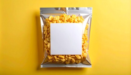 Metallic Foil Pouch Filled With Crispy Corn Snacks On Yellow Background With Centered Blank Label
