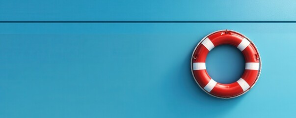 Bright red and white life preserver hanging on a blue wall representing safety and rescue measures by a coastal area