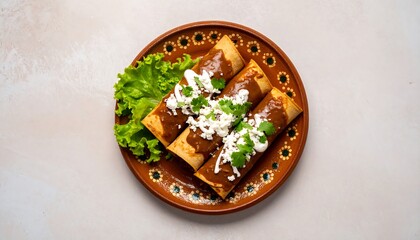 Mexican Enchiladas With Mole Sauce Sour Cream And Lettuce On A Brown Plate