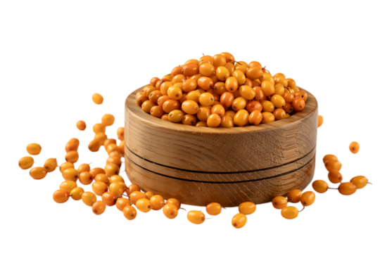 Organic Sea Buckthorn Berries in Wooden Bowl