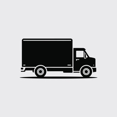 Simple black silhouette of a delivery box truck on a light gray background