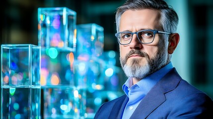 Serious businessman portrait, city backdrop, glass cubes