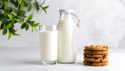 Milk Bottle Glass with Cookies and Leafy Plant on White Background