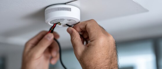 Adult man installing new smoke detector on ceiling indoors Concept of home safety, fire prevention, and electrical work
