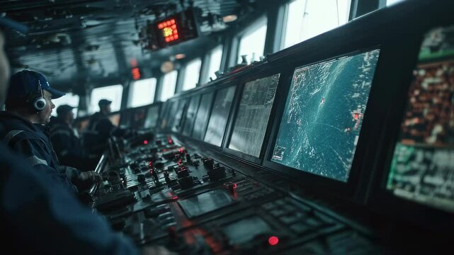 Navy officers working on a ship's bridge use advanced navigation and control systems to monitor and adjust the vessel's course for safe maritime operations