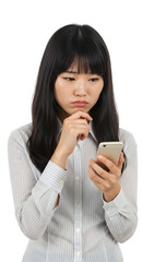 Concerned Asian Woman Reading Something Intense on Smartphone Isolated on PNG Background.