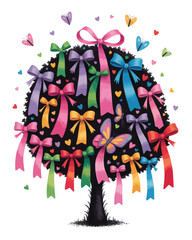 Whimsical tree decorated with colorful ribbons and butterflies