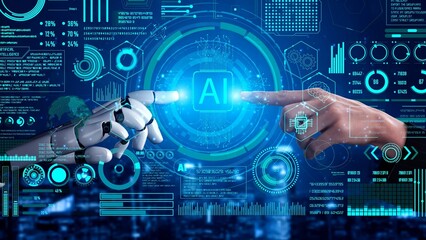 Obraz na płótnie Canvas AI Assistant Brain Processor with LLM Technology, Big Data, Machine Learning, Generative AI for Business Support, Future Agentic AI Technology and Artificial Intelligence Prompt Engineering. Thunk