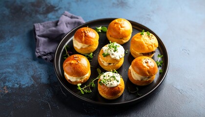 Miniature Wagyu Burger Sliders with Brioche Buns Gruyere and Herb Aioli on Black Plate