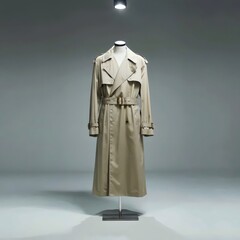 Naklejka premium Beige trench coat on mannequin with brass buckle