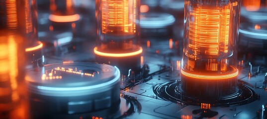 A futuristic battery technology visualized through glowing energy conduits