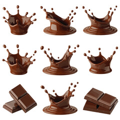 Collection of dynamic chocolate splashes and chocolate bars on a white background