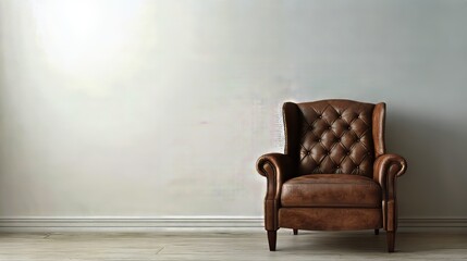 Leather tufted recliner against white wall with copy space