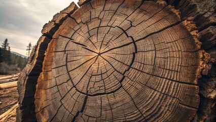 Old tree cross-section with darkened, cracked rings and signs of rot at the center, aged realism