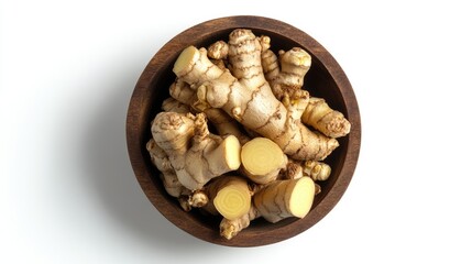 Fresh galangal root in wooden bowl isolated on white background with full depth of field. Top view. Flat lay
