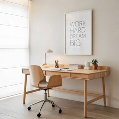 Clean beige desk with lamp and succulent in minimalist home office – Perfect for home office design, calm work environments, or lifestyle branding