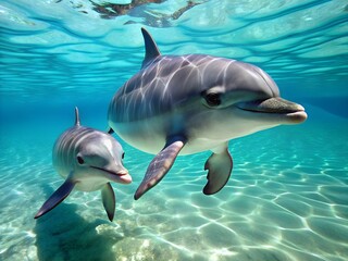 Obraz premium A mother dolphin and her calf swim together underwater