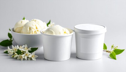 Minimalist Ice Cream Mockup With Blank Tub Beside Dessert Scoops And Flowers On Gray