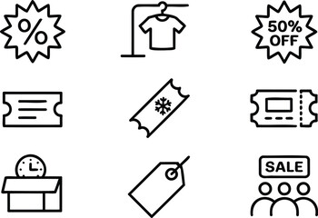 Vector Icon Set for Discounts and Sales, Includes Price Tags, Coupons, and Offer Icons