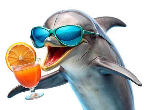 A happy dolphin wearing sunglasses holds a cocktail with an orange slice