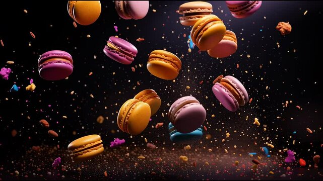 Various colorful of macarons floating on the air