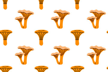 Seamless pattern with golden chanterelle mushrooms on white background