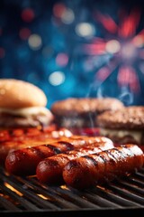 Close-Up of Grilled Hot Dogs and Burgers with Festive Background