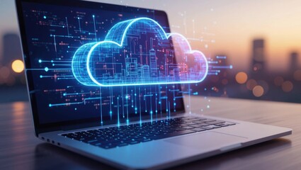Futuristic laptop displays glowing blue cloud computing network with cityscape background at sunset