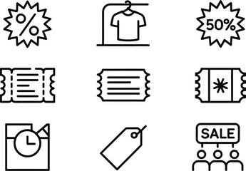 Vector Icon Set for Discounts and Sale, Includes Price Tags, Tickets, and Discount Icons