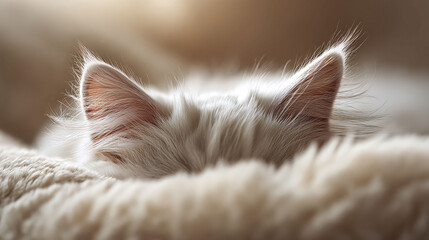 Close up of a fluffy white cats ears peeking out from soft bedding. Evokes comfort, tranquility, and gentle hearing. Ideal for pet care, relaxation, and soothing content.