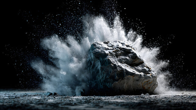 Shattered rock boulder exploding into white dust against black background - dynamic abstract composition in 3D illustration.