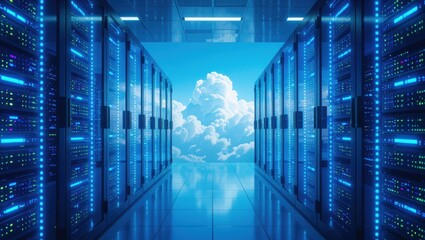 Futuristic data center aisle with glowing blue servers leading to a bright sky filled with fluffy white clouds