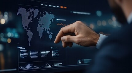 Person interacts with futuristic HUD interface displaying key performance indicators and data analytics in an urban setting