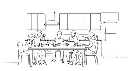 Family gathering at kitchen table engaged in activities together  