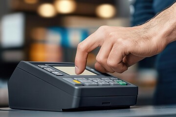 Hand pressing buttons on a cashier machine in a busy store setting during peak shopping hours
