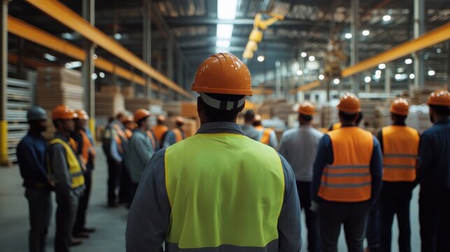 Industrial workers gather in large warehouse for safety training. Workers wear safety vests, hard hats. Instructor guides training. Group listens attentively. Pro training session on safety