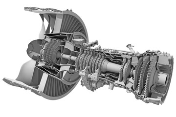 Cutaway Turbofan Aircraft Engine Sectioned in Clay Style Render on White Background 3D Rendering