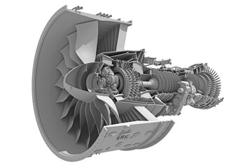 Cutaway Turbofan Aircraft Engine Sectioned in Clay Style Render on White Background 3D Rendering