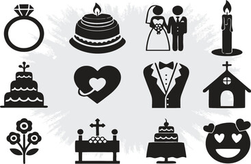 Editable Christmas and Wedding icons set. Cake, couple, heart, care, flower, candle, diamond ring, bridegroom suit. EPS 10.