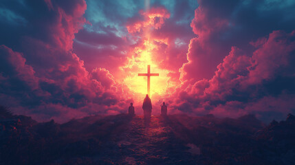 Fototapeta premium AI generator images of Catholic Saints , cross with the sun setting behind it Empty tomb with crucifixion at sunrise resurrection concept Sunrise reveals empty tomb with crucifixion resurrection 
